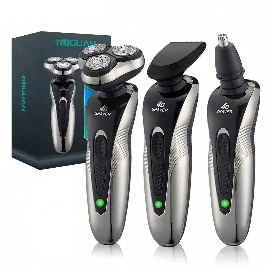 Afeitadora eléctrica rotativa de 3 cabezales con carga USB y multifunción.