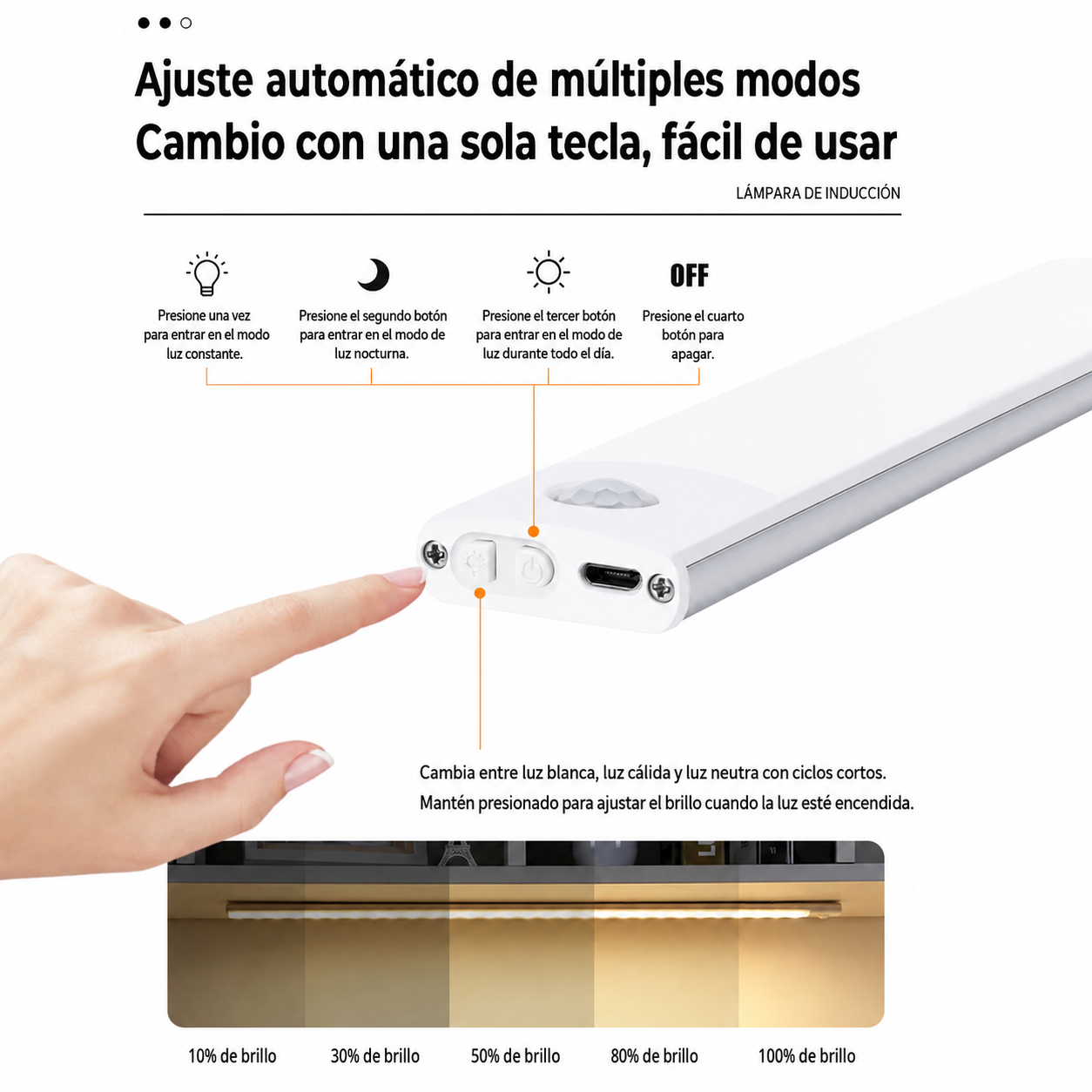 Luz nocturna con sensor de movimiento, inalámbrica y recargable por USB; luces LED para iluminación bajo muebles de cocina, armarios y dormitorios.