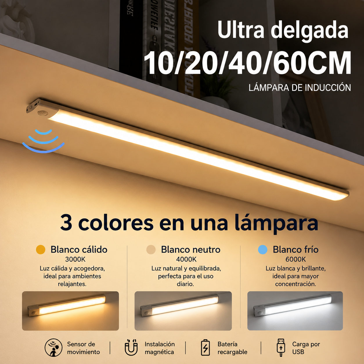 Luz nocturna con sensor de movimiento, inalámbrica y recargable por USB; luces LED para iluminación bajo muebles de cocina, armarios y dormitorios.