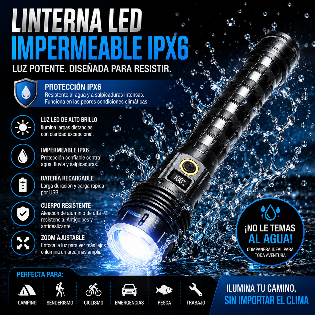 Linterna LED de alta potencia (10 000 mAh) con alcance de 5000 m; recargable, ultrapotente y táctica; ideal para exteriores, acampada y uso general