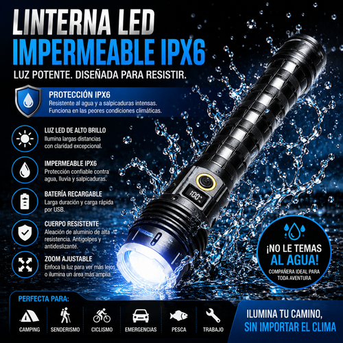 Linterna LED de alta potencia (10 000 mAh) con alcance de 5000 m; recargable, ultrapotente y táctica; ideal para exteriores, acampada y uso general
