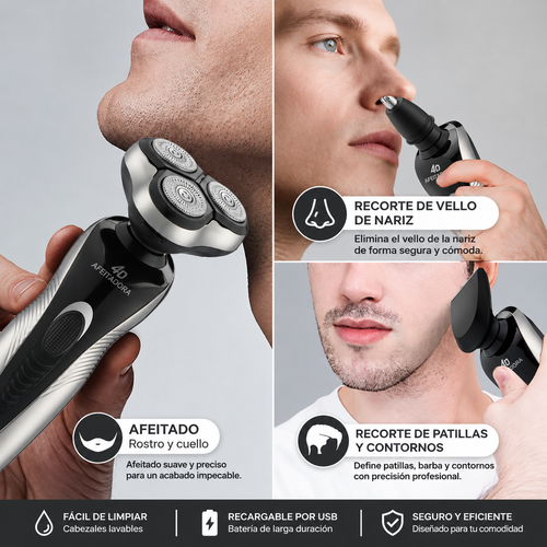 Afeitadora eléctrica rotativa de 3 cabezales con carga USB y multifunción.